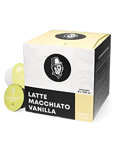 Kaffekapslen Latte Macchiato Vanilla package and capsule for Dolce Gusto

